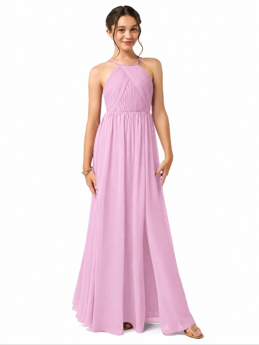 Bridesmaid Petal Pink Chiffon Halter Maxi Dress Softly Pleated Wedding Gown XXS
